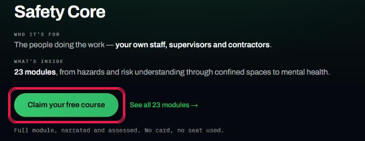 The Safety Core section of the homepage, with the green “Claim your free course” button circled.