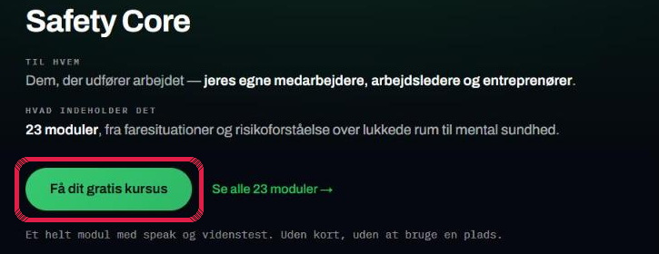 Safety Core-afsnittet på forsiden. Den grønne knap “Få dit gratis kursus” er markeret.