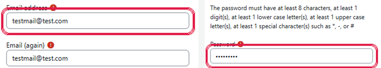 The sign-up form: the two email fields and the password field are circled, with the password rules above it.
