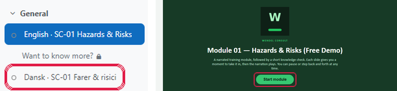 Modulets startskærm. Menupunktet “Dansk · SC-01 Farer & risici” til venstre og den grønne knap “Start module” er markeret.