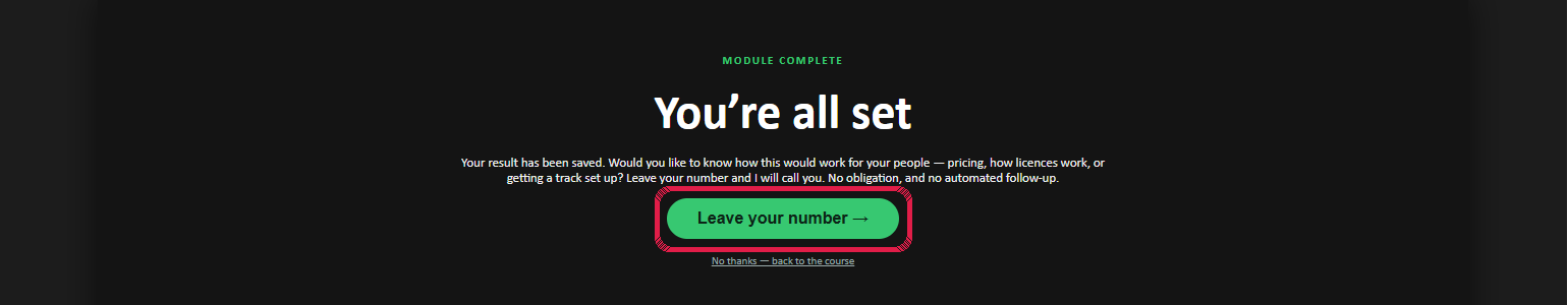 The end screen “You’re all set”. The green “Leave your number” button is circled.